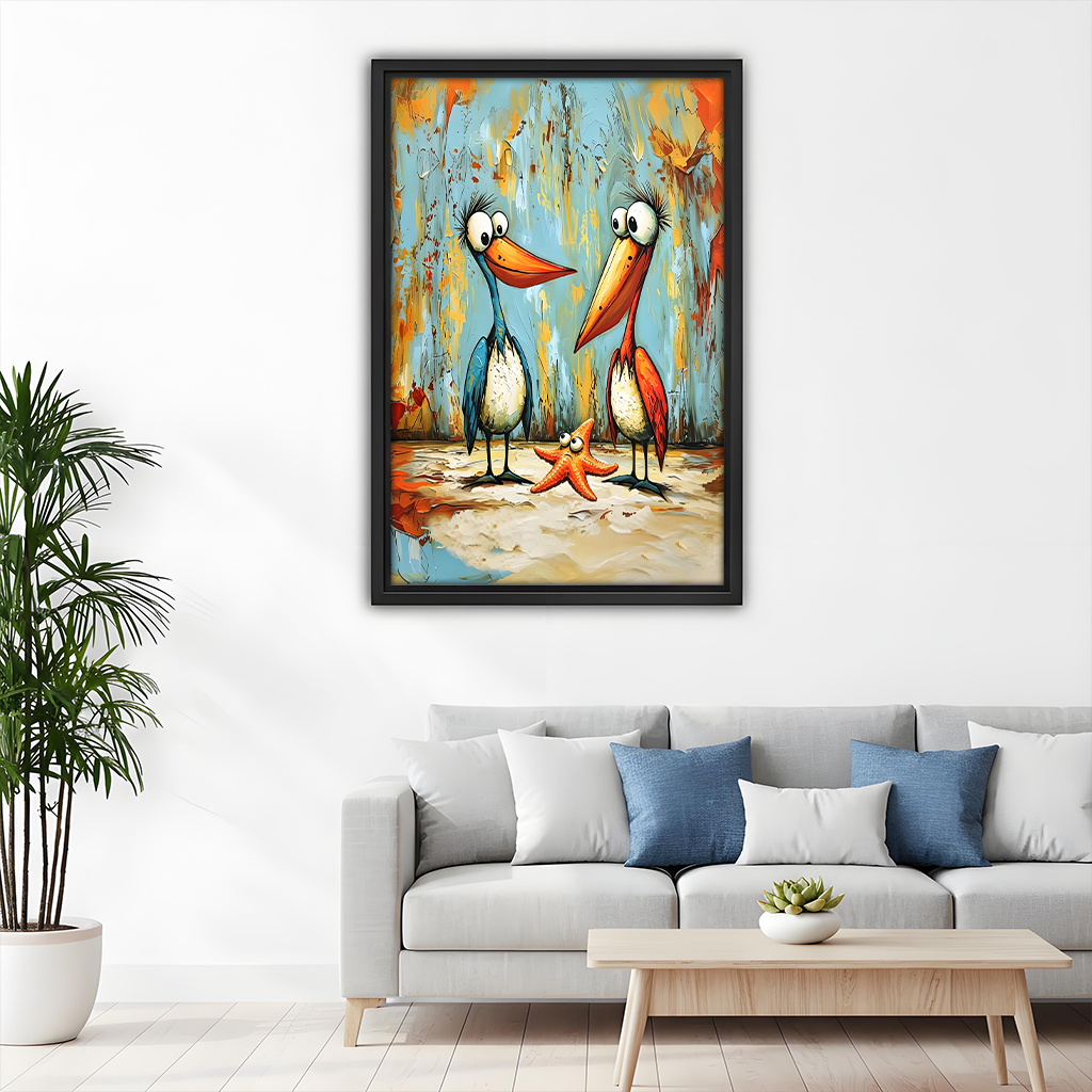 Two cartoon pelicans and starfish oil painting framed print above sofa, colorful funny bird wall art for living room

