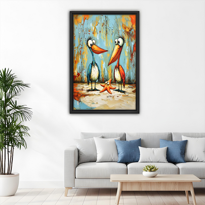Two cartoon pelicans and starfish oil painting framed print above sofa, colorful funny bird wall art for living room

