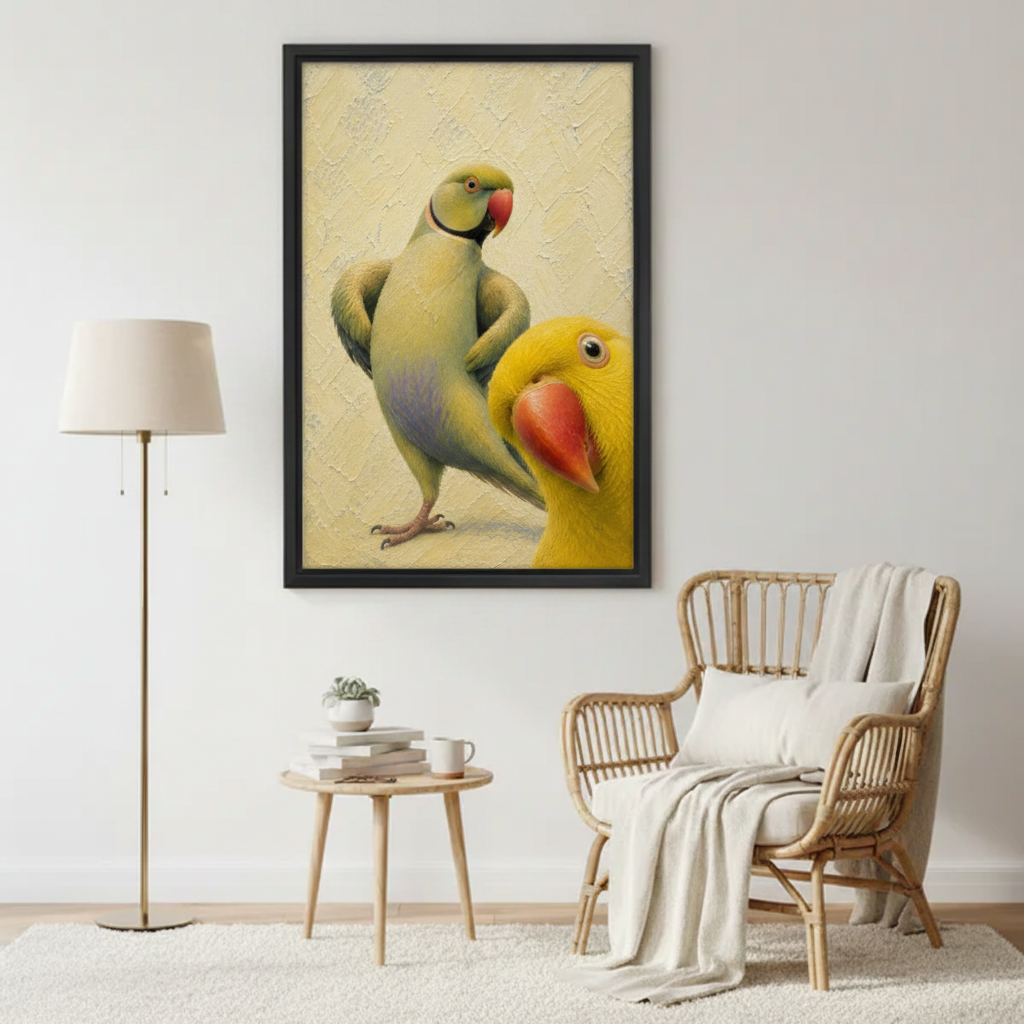 Colorful Parrots Oil Painting Framed Print in Boho Living Room – Funny Parrot Wall Art with Rattan Chair