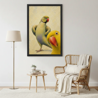 Colorful Parrots Oil Painting Framed Print in Boho Living Room – Funny Parrot Wall Art with Rattan Chair