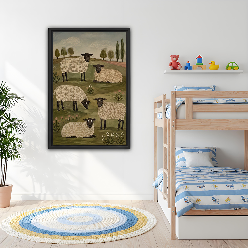Folk art sheep canvas wall art in a black frame above a gray sofa with blue and white cushions.