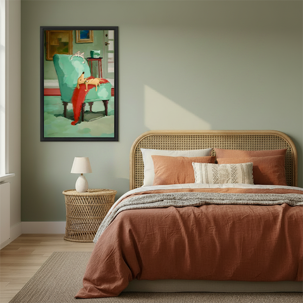 Cozy dog napping armchair art print in warm boho bedroom with rattan headboard