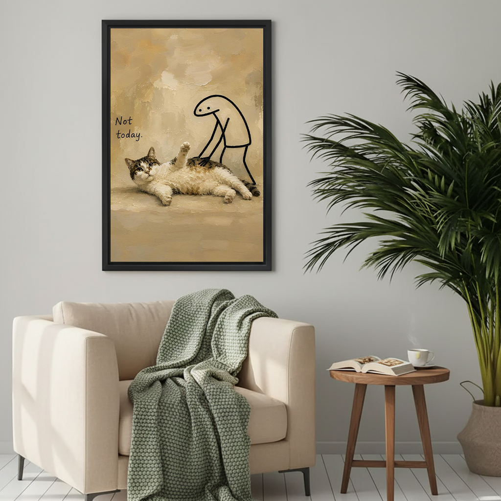 Funny cat 'Not Today' whimsical oil painting wall art print in black frame above a cozy beige armchair with green throw blanket