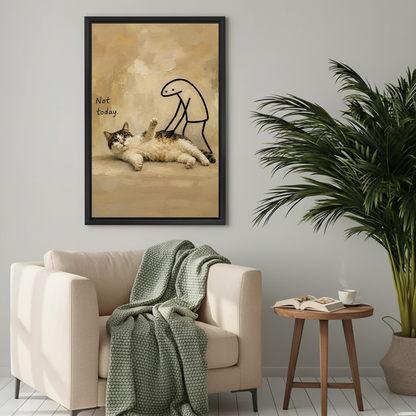 Funny cat 'Not Today' whimsical oil painting wall art print in black frame above a cozy beige armchair with green throw blanket