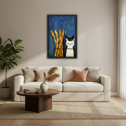  Black and white cat with French baguettes framed art print, black frame, bold blue oil painting style, hung above a cream linen sofa in a bright Scandinavian living room with fiddle leaf fig plant