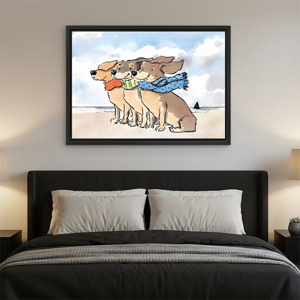 Coastal watercolor dog canvas wall art displayed above bed in modern bedroom decor