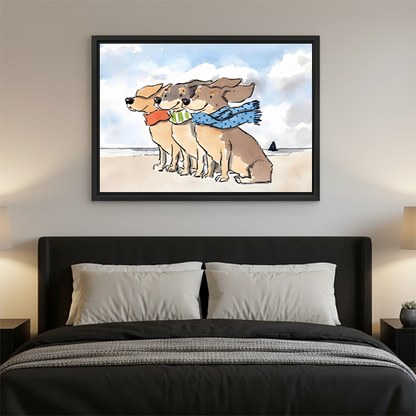 Coastal watercolor dog canvas wall art displayed above bed in modern bedroom decor