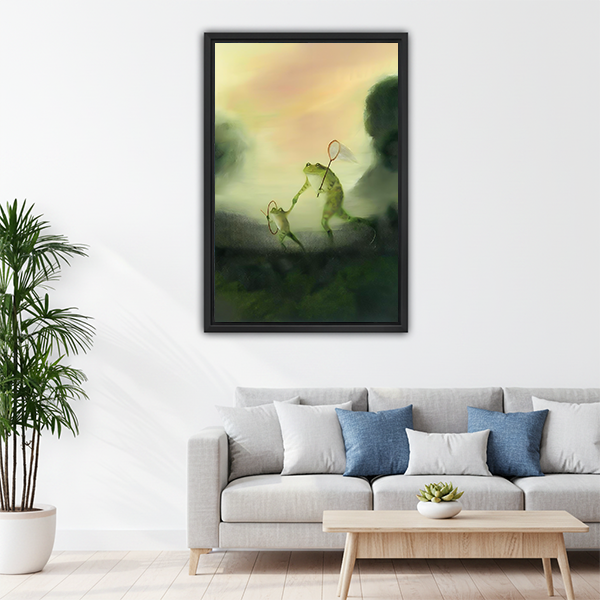 Dreamy badminton frogs framed wall art above gray sofa in bright living room — eclectic home decor
