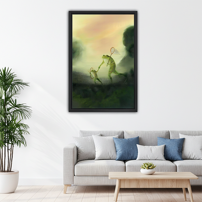 Dreamy badminton frogs framed wall art above gray sofa in bright living room — eclectic home decor
