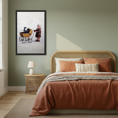 Vintage girl pushing greyhound dog pram framed canvas wall art in sage green bedroom – whimsical retro print beside rattan headboard
