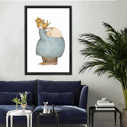 Fat Man Lifting Cat Framed Canvas Art Print – black frame on grey wall above navy blue sofa, modern interior