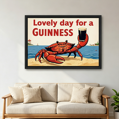 Retro Guinness crab canvas wall art in a black frame above a cream sofa with wooden armrests.