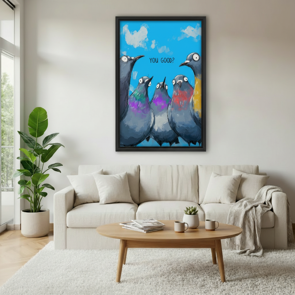 Funny pigeons "You Good?" framed art print, black frame, colorful whimsical bird illustration on bright blue sky, hung above a cream linen sofa in a bright Scandinavian living room with indoor plant