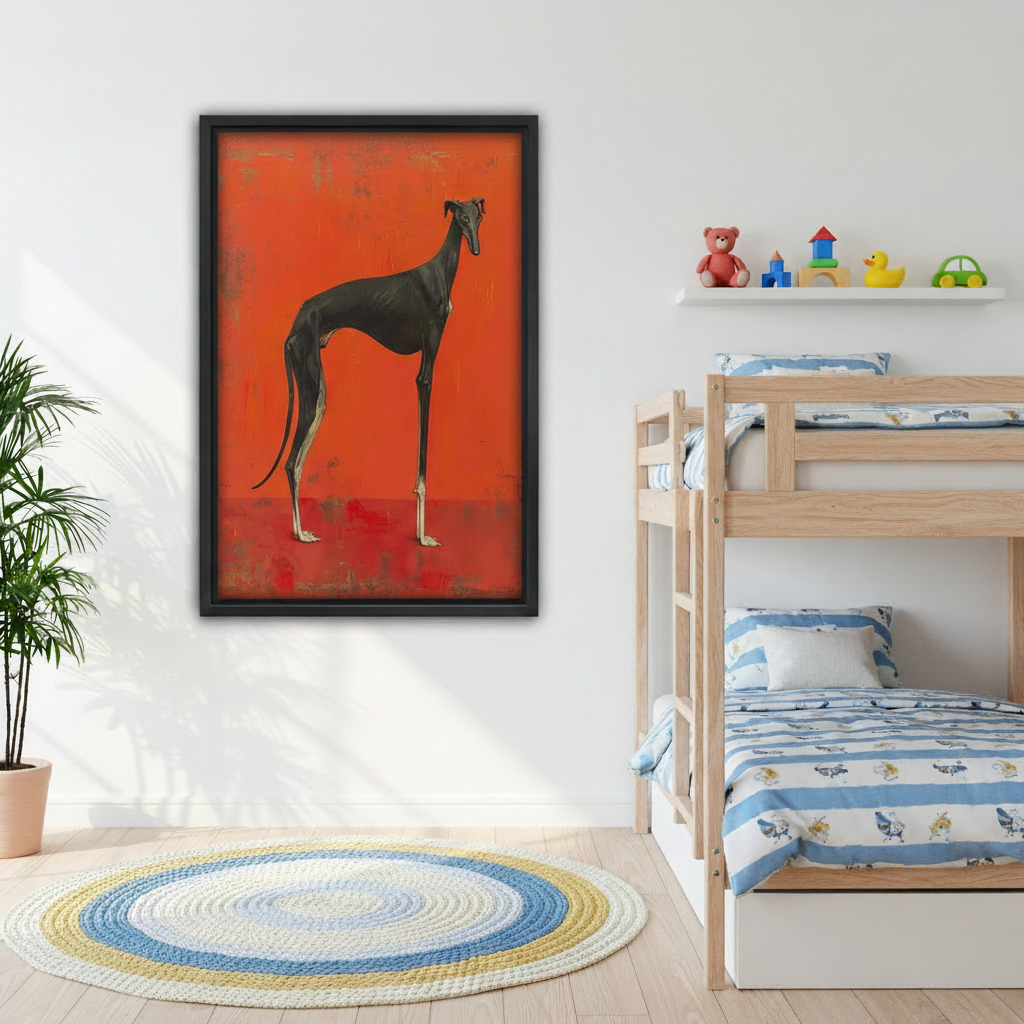 Blackhound canvas print in kids bedroom, vibrant red background animal wall art