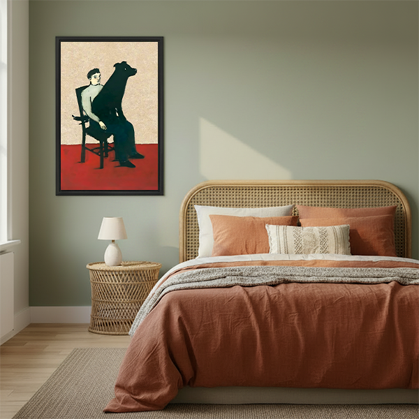 Man and greyhound dog duo framed canvas wall art in sage green bedroom – retro modern mid-century print beside rattan headboard
