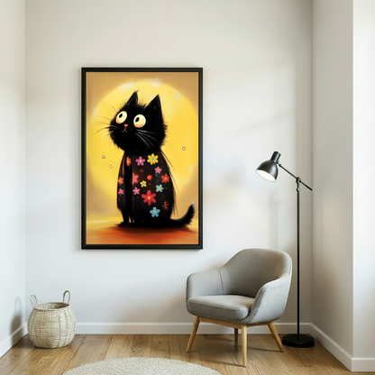Floral black cat with colorful daisy flowers and yellow moon whimsical cartoon framed wall art hung on white wall beside grey armchair with black floor lamp and woven basket in minimalist reading nook