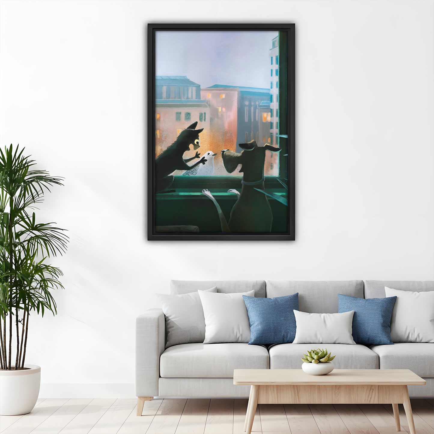 Whimsical Cat Dog City Window Framed Canvas Wall Art l2640