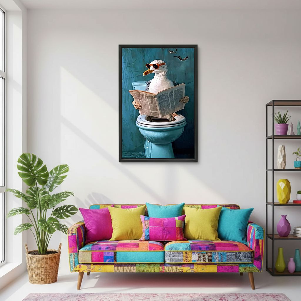 Seagull on toilet newspaper framed canvas print above colorful sofa – funny coastal wall art for living room
