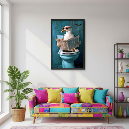 Seagull on toilet newspaper framed canvas print above colorful sofa – funny coastal wall art for living room
