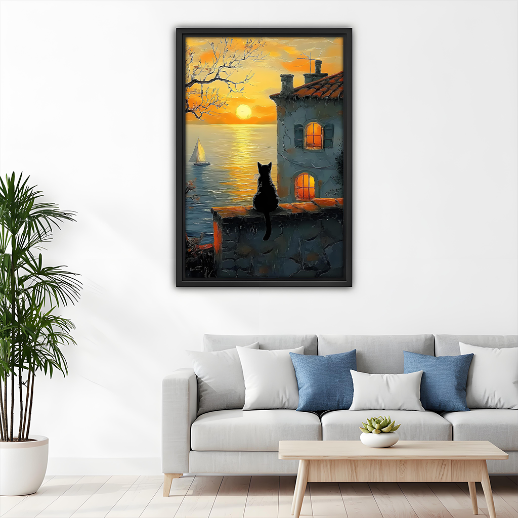 	Black cat sailboat sunset framed wall art – living room coastal oil painting home decor