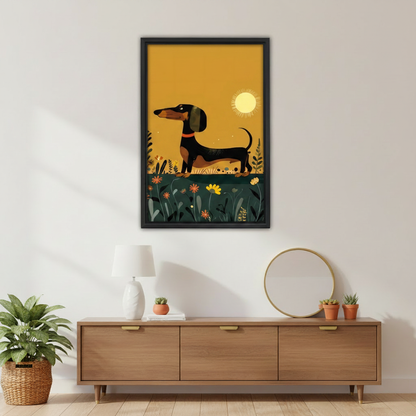 Vintage dachshund wall art print for living room, golden floral pet illustration