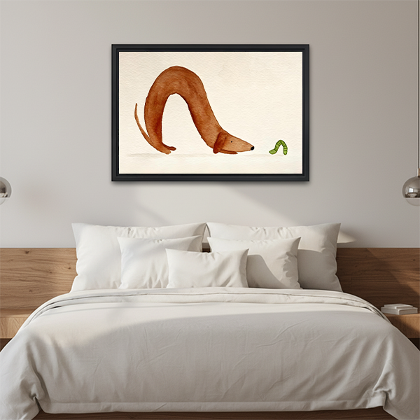 Curious dachshund caterpillar watercolor wall art print above wooden bed frame white bedding modern bedroom decor