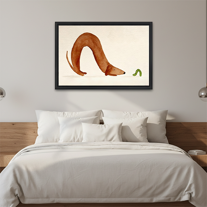 Curious dachshund caterpillar watercolor wall art print above wooden bed frame white bedding modern bedroom decor