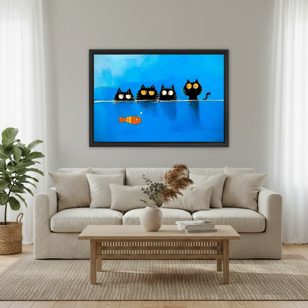 Bold Blue Four Cats Staring at Fish Art Print – Humorous Framed Wall Decor for Living Room