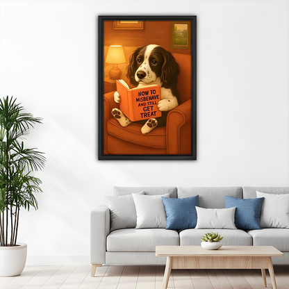 Vintage funny dog reading wall art print in black frame above gray sofa in minimalist living room with blue cushions