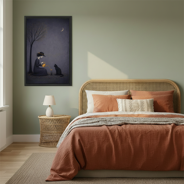 Moonlit witch and black cat framed print above a boho bedroom bed with terracotta bedding, dark mystical wall art for bedroom