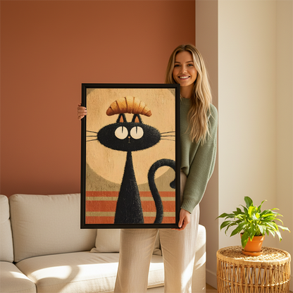 Smiling woman holding black cat croissant retro framed wall art in black frame in warm living room
