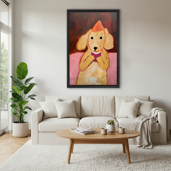 Cute golden dog party hat oil painting framed wall art print above white sofa in bright Scandinavian living room with indoor plants