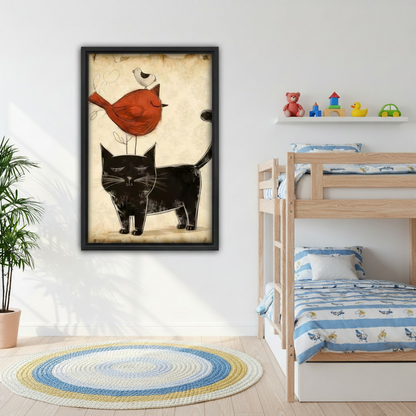 Vintage black cat red bird framed canvas wall art in kids room beside bunk bed, whimsical hand-drawn cat with robin children room decor
