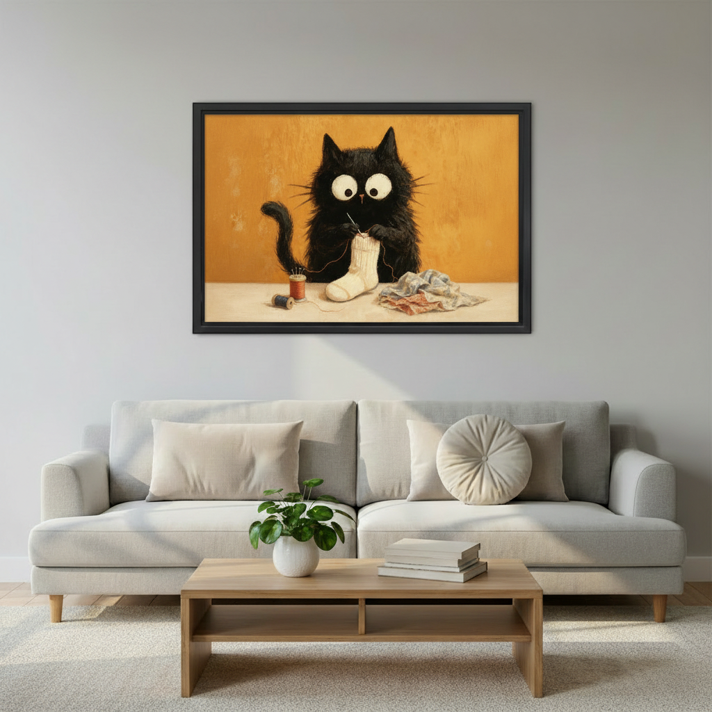 Cozy Black Cat Knitting Framed Wall Art – Funny Cat Print for Home Office Decor