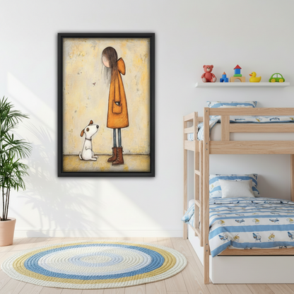 Illustrated girl with dog framed wall art in kids bedroom — whimsical puppy canvas print for children's room