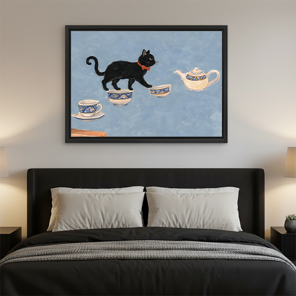 Whimsical black cat wall art print above bed bedroom decor blue gray background