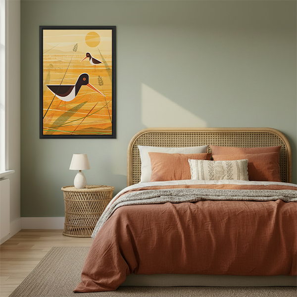 Minimalist Golden Field Bird Framed Wall Art Print Bedroom Decor
