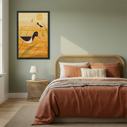 Minimalist Golden Field Bird Framed Wall Art Print Bedroom Decor