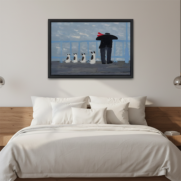 Framed canvas wall art of a man in black coat with four black and white dogs on a misty pier, oil painting style grey seascape, bedroom headboard wall decor