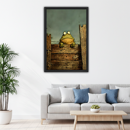 Whimsical frog wall art print in cozy living room — funny animal framed decor for home
