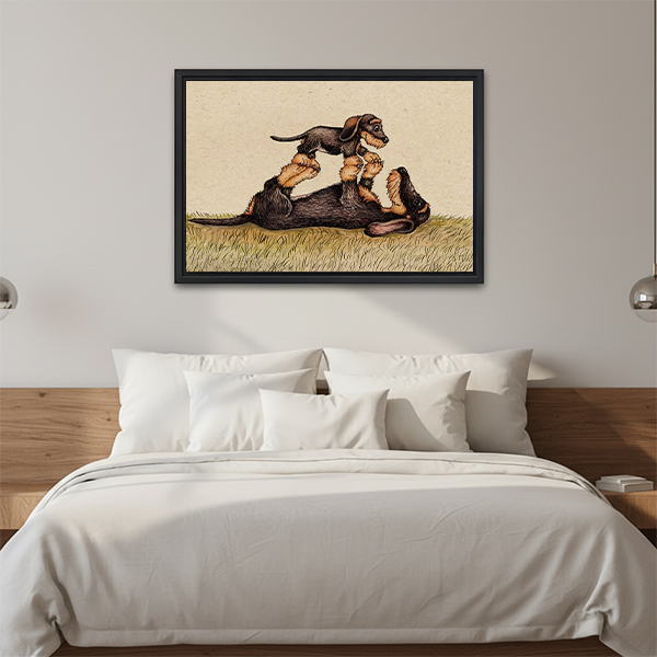 Vintage playful dogs framed canvas print above bed – whimsical animal wall art for bedroom
