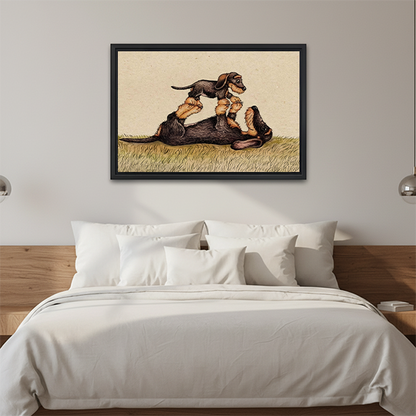 Vintage playful dogs framed canvas print above bed – whimsical animal wall art for bedroom
