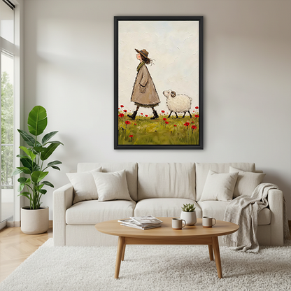 Gallery-wrap woman and sheep canvas wall art with storybook meadow details displayed between potted plants and wooden tables.