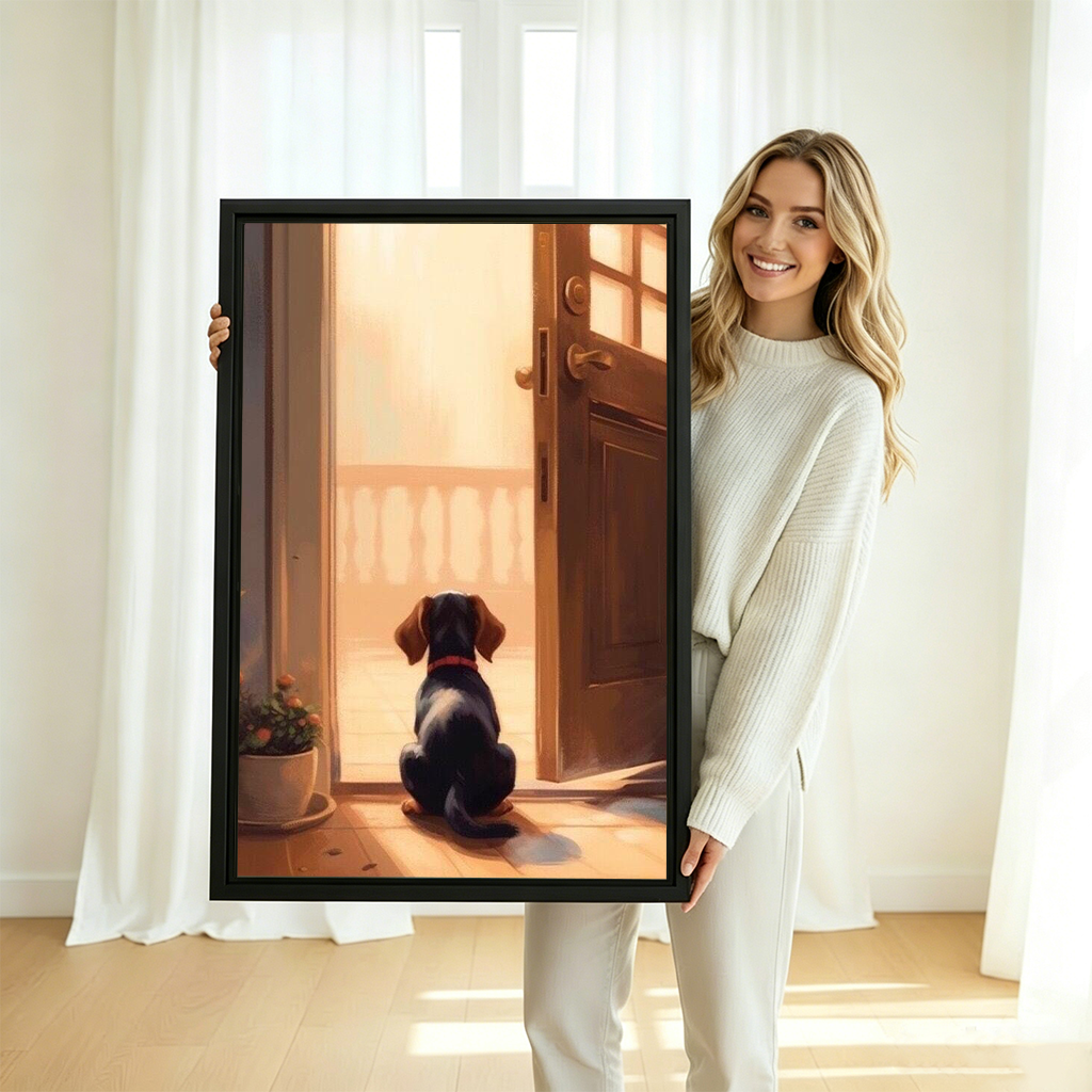 Woman holding large framed dachshund puppy waiting at door canvas wall art