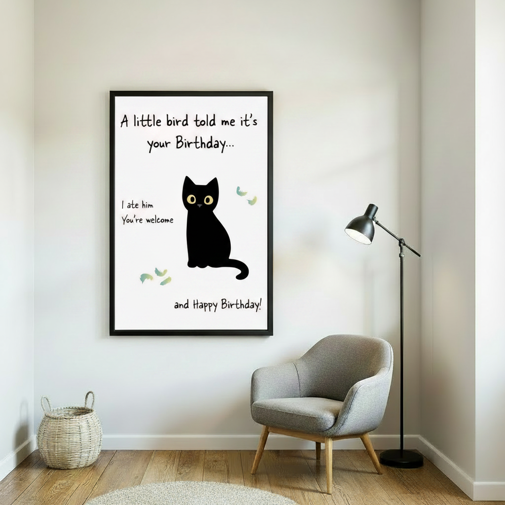 Humorous black cat birthday art print displayed in modern living room decor
