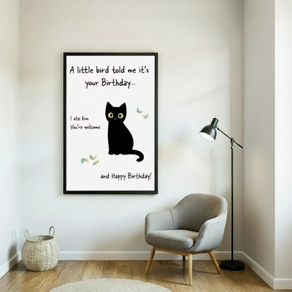 Humorous black cat birthday art print displayed in modern living room decor