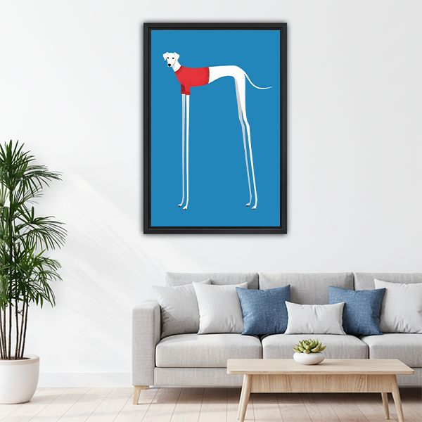 White greyhound in red sweater colorful pop art framed canvas above living room sofa
