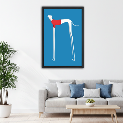 White greyhound in red sweater colorful pop art framed canvas above living room sofa
