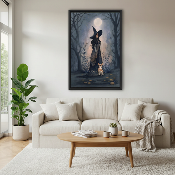 Woman holding framed moonlit witch in forest canvas wall art with a small pale animal.