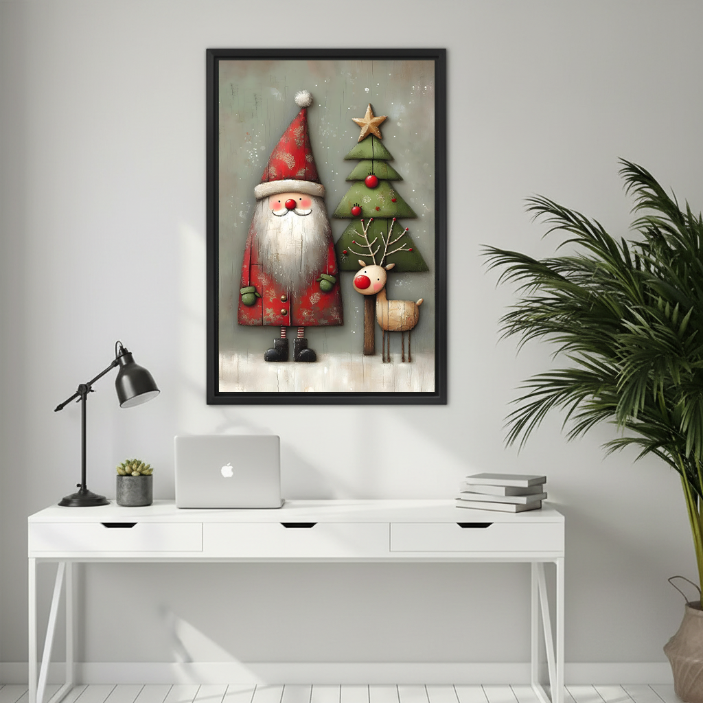 Santa and reindeer Christmas canvas wall art displayed above a white desk
